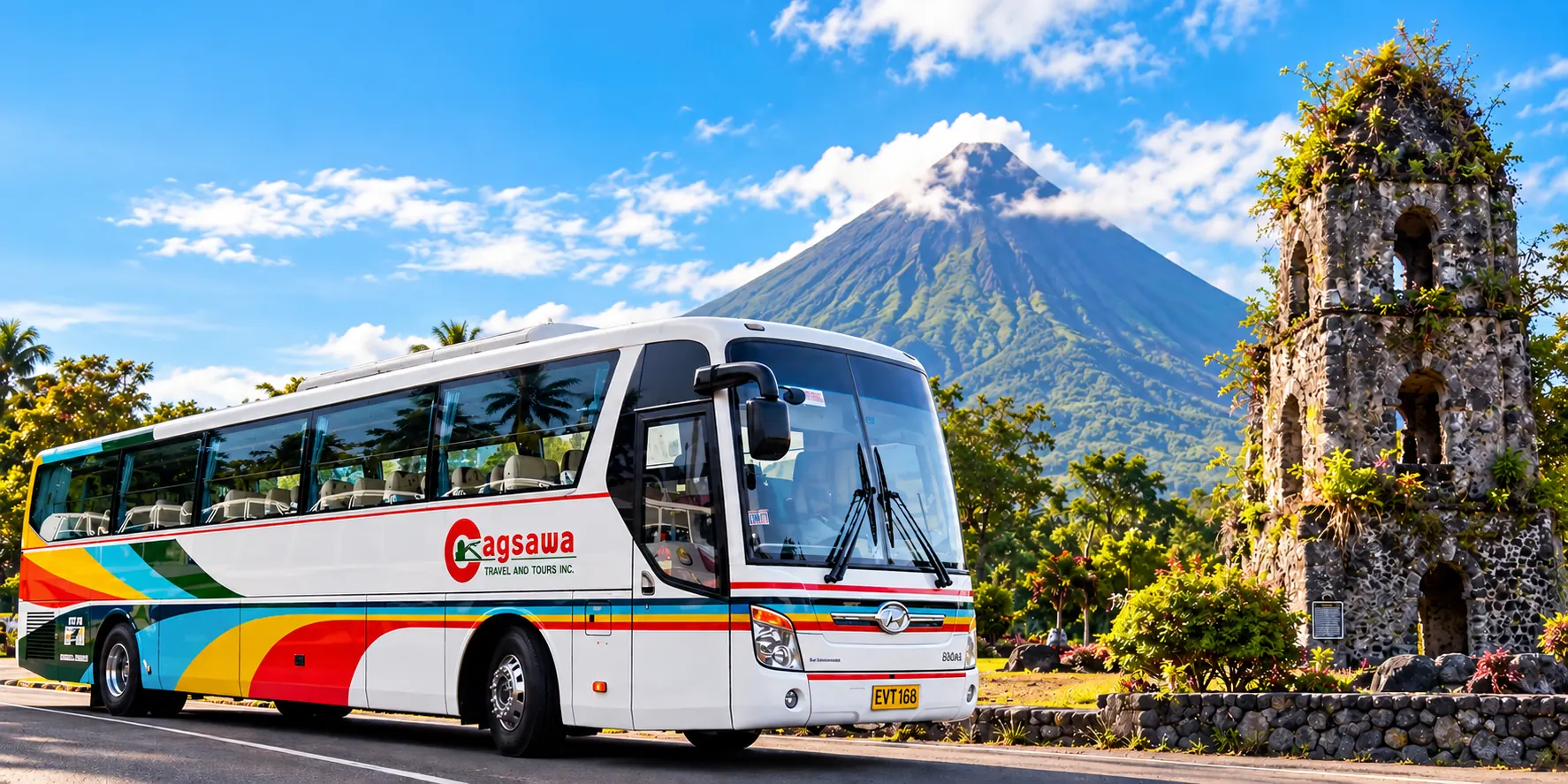 Cagsawa Travel and Tours coach in its white, red and yellow livery parked beside the Cagsawa Ruins with Mayon Volcano behind