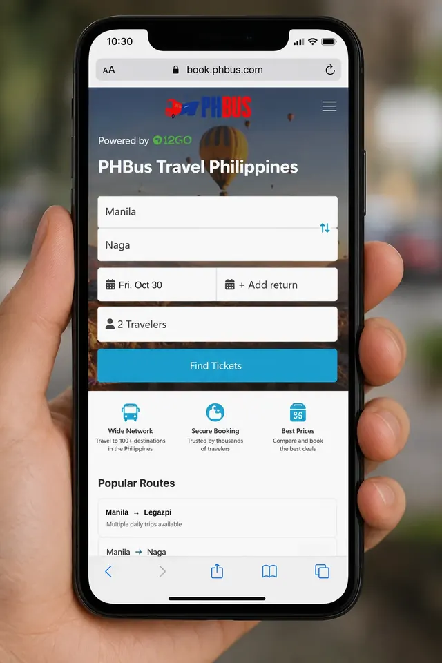 Phone showing a Manila to Bicol bus search on book.phbus.com with travel date, passenger count and popular routes